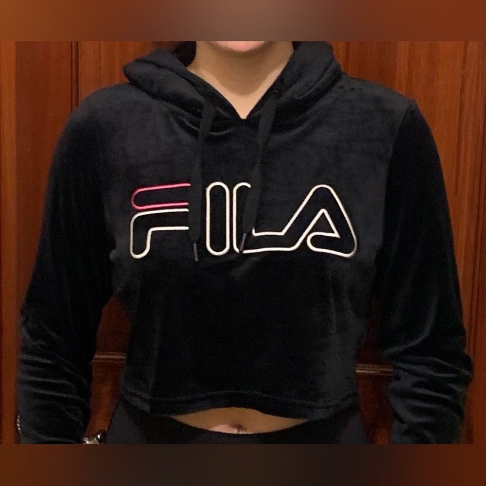 FILA x SOUL cycle crop black velour pullover drawstring hooded size Medium - Picture 2 of 4